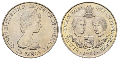 Гернси 25 пенсов 1981 Свадьба Принца Чарльза и Леди Дианы KM 36 медно-никель BU 4537-1212