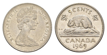 Канада 5 центов 1969 Елизавета II (1952-2022), бобр KM 60.1 никель 4630-716