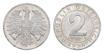 Австрия 2 гроша 1954 KM 2876 алюминий aUNC 4564-662