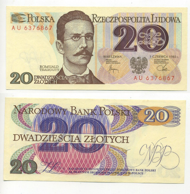 Польша 20 злотых 1982 Ромуальд Траугутт, в серии 2 буквы Pick 149 a (2) бумага UNC (пресс) 6317-5-3