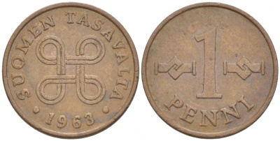 Финляндия 1 пенни 1963 первый год KM 44 медь 3718-112