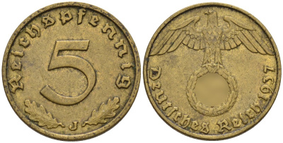Германия 5 рейхспфеннигов 1937 J KM 91, J. 363 алюминиевая бронза 4151-755