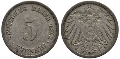 Германия 5 пфеннигов 1898 J KM 11, Jager 12, Weege 6 медно-никель 4547-361