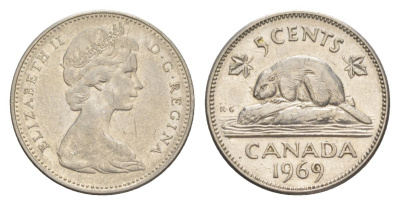 Канада 5 центов 1969 Елизавета II (1952-2022), бобр KM 60.1 никель 4630-716