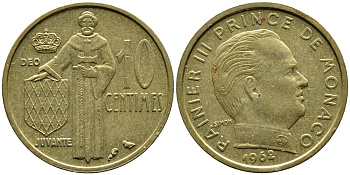 Монако 10 сантимов 1962 Ренье III (1949-2005) KM 142 алюминиевая бронза 4393-1237