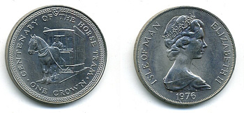 Остров Мэн 1 крона 1976 100 лет Конной железной дороге KM 38 медно-никель UNC 58-713