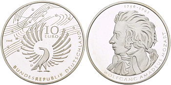 ФРГ 10 евро 2006 D, 250 лет со дня рождения Вольфганга Амадея Моцарта KM 248, DE.S. 10.29 серебро PROOF 1085-5-65