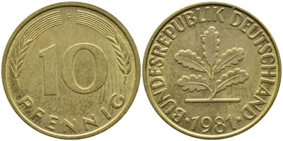 ФРГ 10 ПФЕННИГОВ 1981 F KM 108, J.383 сталь плакированная латунью 4388-147