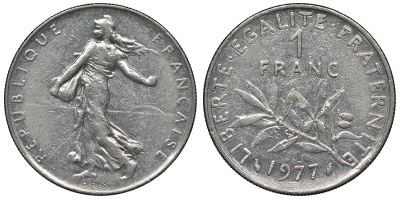 Франция 1 франк 1977 сеятель KM 925.1, Le Franc 226.22 никель 4128-433
