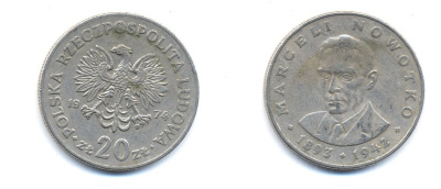 Польша 20 злотых 1974 MW, Марцелий Новотко KM 69, Parchimowicz 246 медно-никель 4379-1344