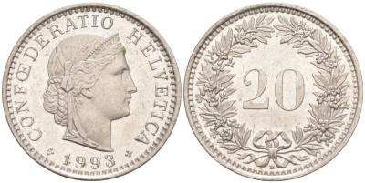 ШВЕЙЦАРИЯ 20 РАППЕНОВ 1993 В KM 29a медно-никель 55-1042