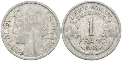 ФРАНЦИЯ 1 ФРАНК 1949 В, ТИП MORLON, LEGERE KM 885a 2, LE FRANC 221.16 алюминий 4402-923