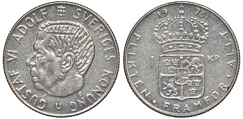 Швеция 1 крона 1973 Густав VI Адольф (1950-1973) KM 826а медь плакированная медно-никелем 25-1856