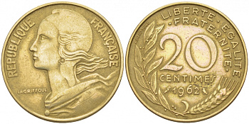 ФРАНЦИЯ 20 САНТИМОВ 1962 KM 930 медь алюминий никель 3856-1036