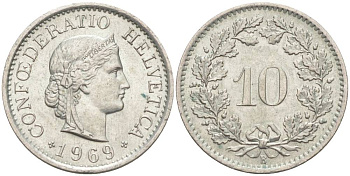 ШВЕЙЦАРИЯ 10 РАППЕНОВ 1969 В KM 27 медно-никель 55-423