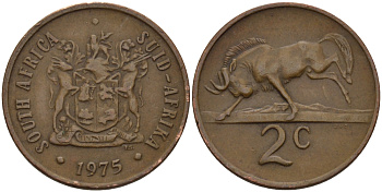 ЮАР 2 цента 1975 герб, антилопа гну KM 83 бронза 67-334