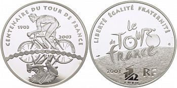 Франция 1 1/2 евро 2003 100 лет велогонкам Тур де Франс, велосипедист и его отражение KM 1321 серебро PROOF 1077-9-44