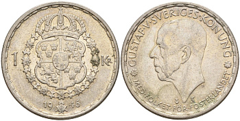 Швеция 1 крона 1946 TS, Густав V (1907-1950) KM 814 серебро 4148-1037