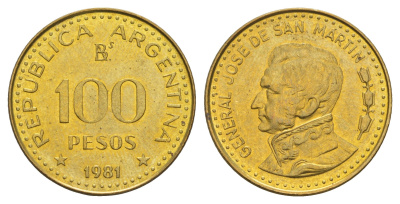 Аргентина 100 песо 1981 KM 85a сталь плакированная латунью UNC 4656-1146
