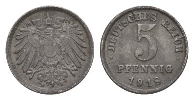 Германия 5 пфеннигов 1918 F KM 19, J. 297 железо плакированное цинком 4644-1117