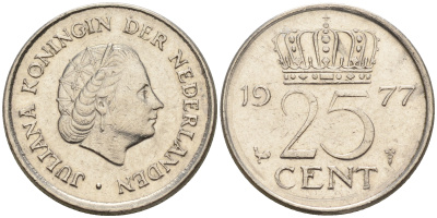 Нидерланды 25 центов 1977 Юлиана (1948-1980) KM 183 никель 4124-126