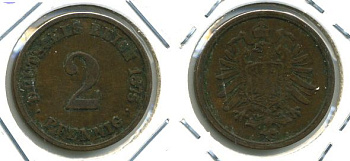 ГЕРМАНИЯ 2 ПФЕННИГА 1875 A, СТАРОГЕРБОВКА KM 2, J.2 медь 701-413