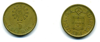 ПОРТУГАЛИЯ 5 ЭСКУДО 1988 KM 632 никель латунь 71-1643