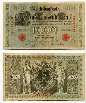 Германия 1000 марок 1910 красная печать, 7 значный номер Pick 44 b  бумага   8610-36-1-2