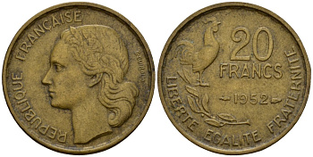 Франция 20 франков 1952 KM 917 алюминиевая бронза 4601-736