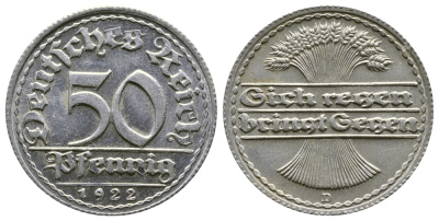 ГЕРМАНИЯ 50 ПФЕННИГОВ 1922 D KM 27, J. 301, Weege 10 алюминий 4380-921