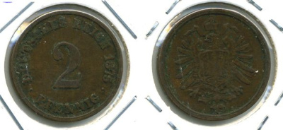 ГЕРМАНИЯ 2 ПФЕННИГА 1875 A, СТАРОГЕРБОВКА KM 2, J.2 медь 701-413