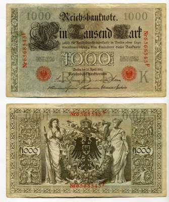 Германия 1000 марок 1910 красная печать, 7 значный номер Pick 44 b  бумага   8610-36-1-2