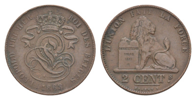 Бельгия 2 сантима 1863 Леопольд I (1831-1865) KM 4 медь 4615-635
