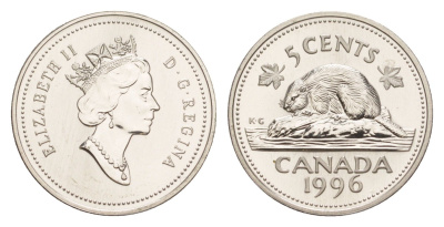 Канада 5 центов 1996 Елизавета II (1952-2022), бобр, specimen KM 182 медно-никель BU 4639-524