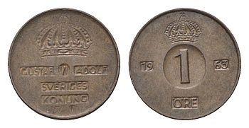 Швеция 1 эре 1963 TS, Густав VI Адольф (1950-1973) KM 820 бронза 4614-618