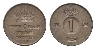 Швеция 1 эре 1963 TS, Густав VI Адольф (1950-1973) KM 820 бронза 4614-618