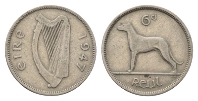 Ирландия 6 пенсов 1947 собака, ирландский волкодав KM 13a медно-никель 3851-1168
