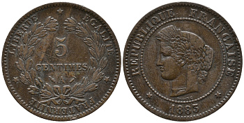 ФРАНЦИЯ 5 САНТИМОВ 1883 А, ТРЕТЬЯ РЕСПУБЛИКА (1871-1940) KM 821.1, LE FRANC 118.25 бронза 83-131