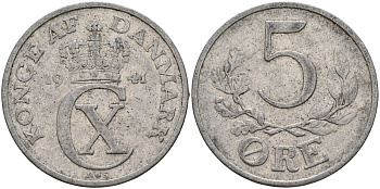 Дания 5 эре 1941 N; S, Кристиан X (1912-1947) KM 834 цинк 4156-1032