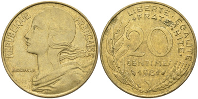 Франция 20 сантимов 1981 тип Marianne KM 930, Le Franc 156.21 медь алюминий никель 4592-1046