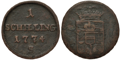Польша, Галиция и Лодомерия 1 шиллинг 1774 S, Станислав II Август Понятовский (1764-1795), вес 1,44 гр., SCHMOLLNITZ MINT KM 1, Herinek 1652 медь 1516-1115