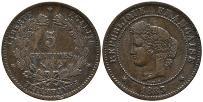 ФРАНЦИЯ 5 САНТИМОВ 1883 А, ТРЕТЬЯ РЕСПУБЛИКА (1871-1940) KM 821.1, LE FRANC 118.25 бронза 83-131