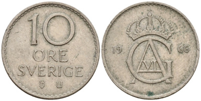 Швеция 10 эре 1966 Густав VI Адольф (1950-1973) KM 835 медно-никель 4152-444