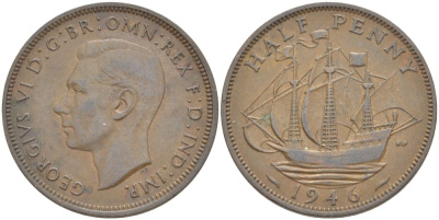 Великобритания 1/2 пенни 1946 Георг VI (1936-1952) KM 844, Spink 4115 бронза 65-426