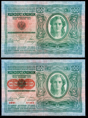 Австрия 100 крон 1912 (1919) Pick 56 (2) бумага 8613-35-2-1