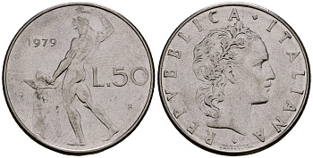 Италия 50 лир 1979 KM 95.1 нержавеющая сталь 4176-247