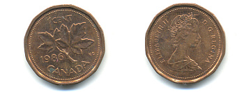 Канада 1 цент 1986 Елизавета II (1952-2022), кленовый лист KM 132 бронза 177-1417
