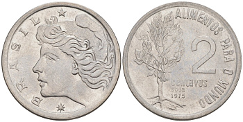 БРАЗИЛИЯ 2 СЕНТАВО 1975 FAO, ГОЛОВА СВОБОДЫ ВЛЕВО KM 586 нержавеющая сталь 187-529