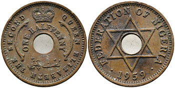 Нигерия 1/2 пенни 1959 Елизавета II (1952-), Британский протекторат KM 1 бронза 4387-263