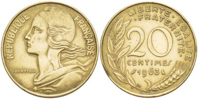 ФРАНЦИЯ 20 САНТИМОВ 1963 ТИП MARIANNE KM 930, LE FRANC 156.3 медь алюминий никель 4551-625